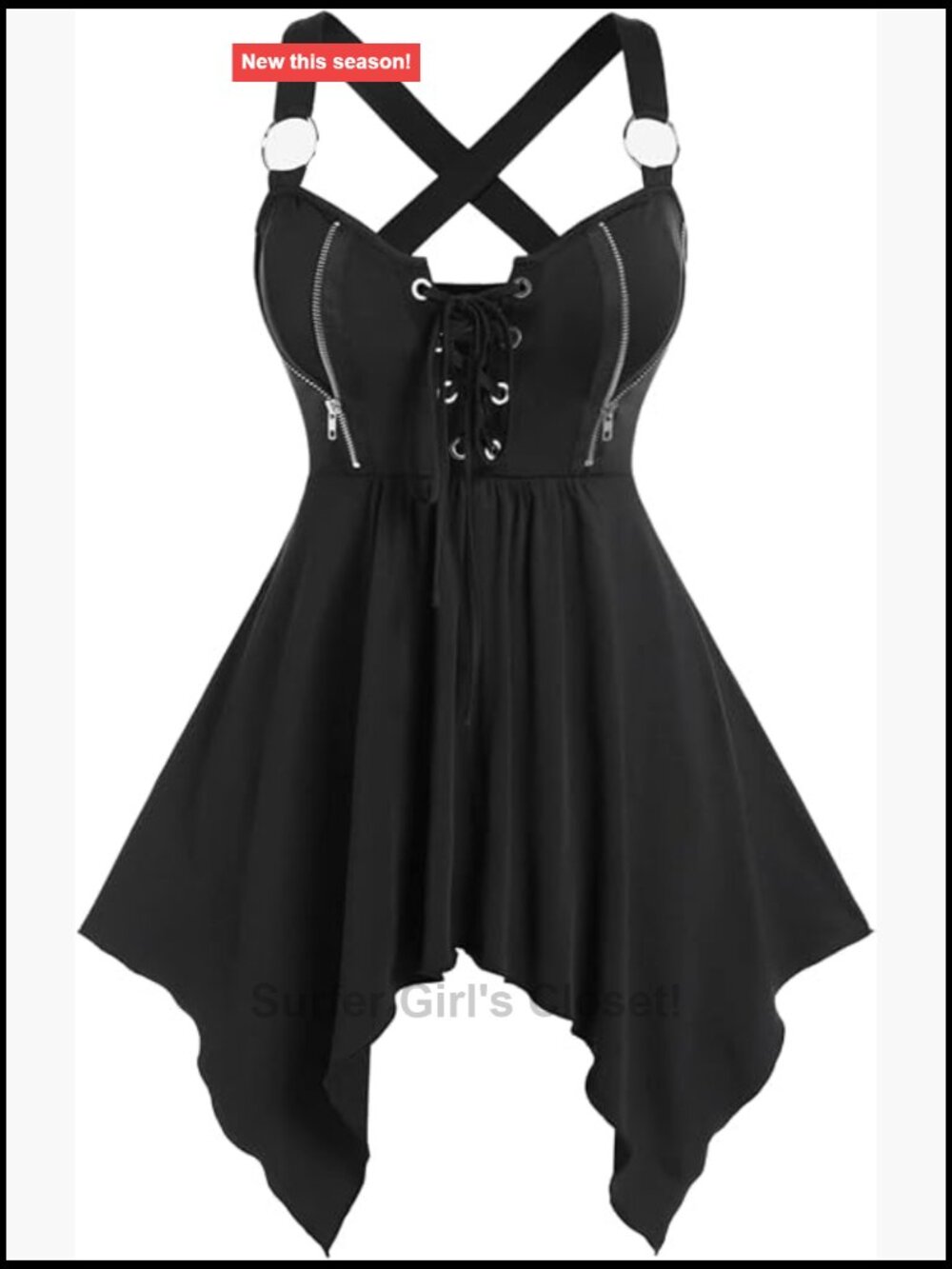 Plus Size Gothic Lace-Up Crisscross Back Tank Top Handkerchief Hem
